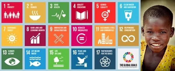 Griglia dei Sustainable Development Goals affiancata dalla foto di una bambina africana